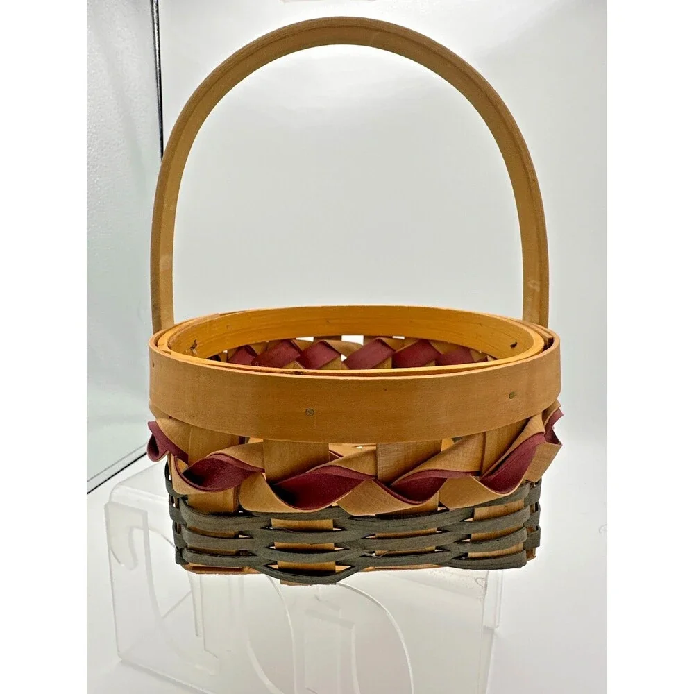 Vintage Handwoven Wood Basket w/ Burgundy Ribbon Trim – 8x7 Oval‎ Carry Basket